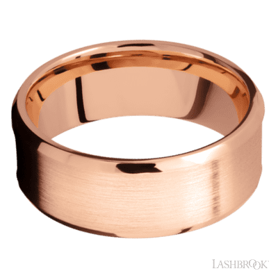 8 mm wide/Beveled/14K Rose Gold band featuring inlays of Dinosaur Bone Black and Meteorite.