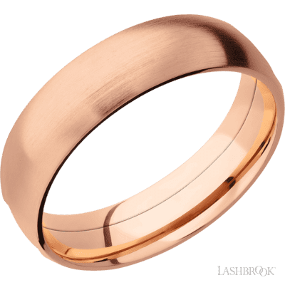 6 mm wide/Domed/14K Rose Gold band with one 5 mm Centered inlay of Tantalum.